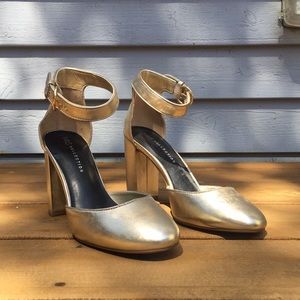 Gold ankle strap shoe